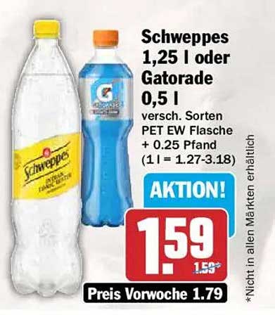 Schweppes 1,25 l oder Gatorade 0,5 l versch. Sorten PET EW Flasche + 0.25 Pfand (1 l = 1.27-3.18)