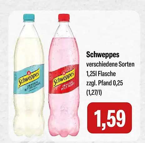Schweppes verschiedene Sorten 1,25l Flasche zzgl. Pfand 0,25 (1,27/l)