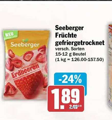 Seeberger Früchte gefriergetrocknet versch. Sorten 15-12 g Beutel (1 kg = 126.00-157.50)