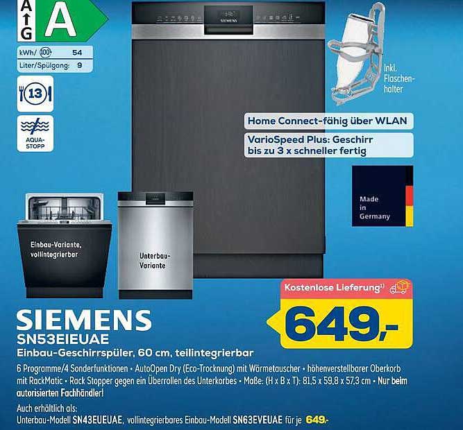 SIEMENS SN53EIUEAE Einbau-Geschirrspüler 60 cm, teilintegrierbar