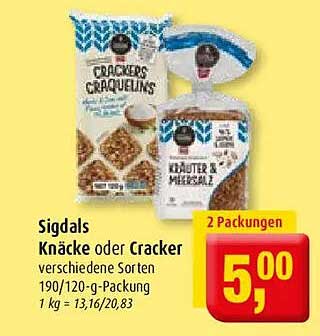 Sigdal's Knäcke oder Cracker verschiedene Sorten 190/120-g-Packung 1 kg = 13,16/20,83