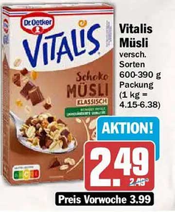 Vitalis Müsli versch. Sorten 600-390 g Packung (1 kg = 4.15-6.38)