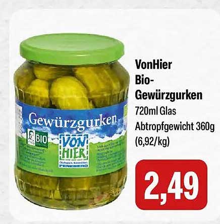 VonHier Bio-Gewürzgurken 720ml Glas Abtropfgewicht 360g (6,92/kg)