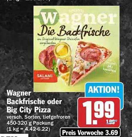 Wagner Backfrische oder Big City Pizza versch. Sorten, tiefgefroren 450-320 g Packung (1 kg = 4,42-6.22)