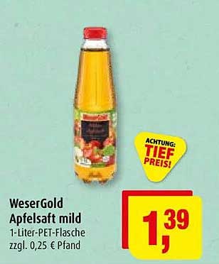 WeserGold Apfelsaft mild 1-Liter-PET-Flasche zzgl. 0,25 € Pfand