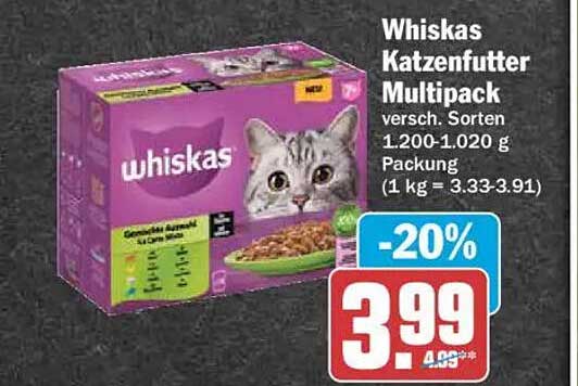 Whiskas Katzenfutter Multipack versch. Sorten 1.200-1.020 g Packung (1 kg = 3.33-3.91)