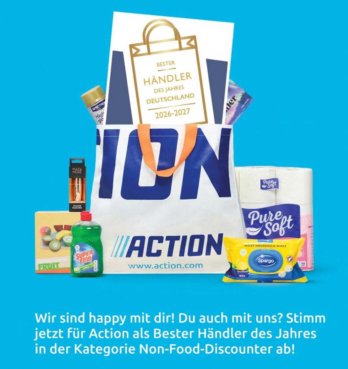 Wir sind happy mit dir! Du auch mit uns? Stimm jetzt für Action als Bester Händler des Jahres in der Kategorie Non-Food-Discounter ab!