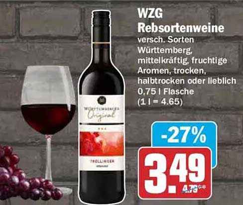 WZG Rebsortenweine versch. Sorten Württemberg, mittelkräftig, fruchtige Aromen, trocken, halbtrocken oder lieblich 0,75 l Flasche (1 l = 4.65)
