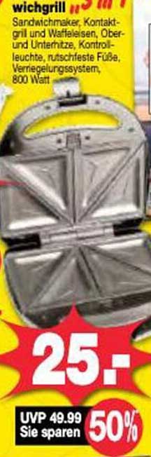 3-in-1 Sandwichmaker, Kontaktgrill und Waffeleisen
