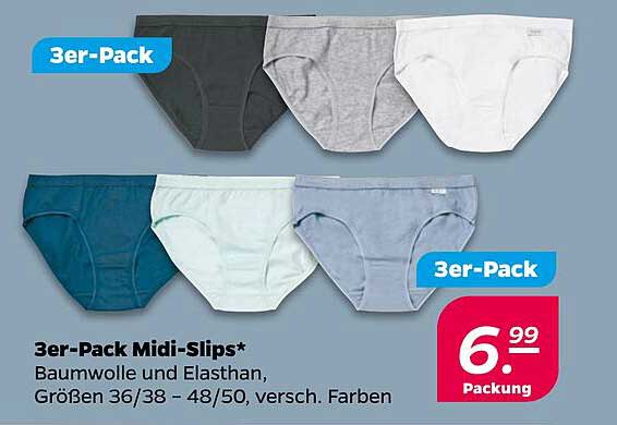 3er-Pack Midi-Slips - Baumwolle und Elasthan, Größen 36/38 - 48/50, verschiedene Farben
