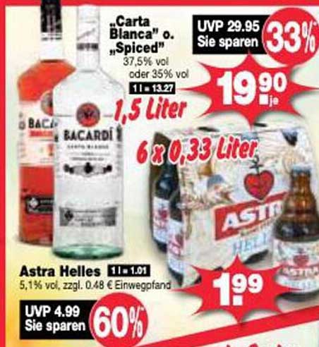 Bacardi Carta Blanca oder Spiced 1,5 Liter und Astra Helles 6 x 0,33 Liter