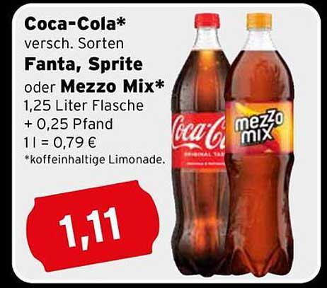 Coca-Cola, Fanta, Sprite oder Mezzo Mix 1,25 Liter Flasche