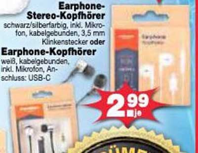 Earphone-Stereo-Kopfhörer schwarz/silberfarbig oder Earphone-Kopfhörer weiß