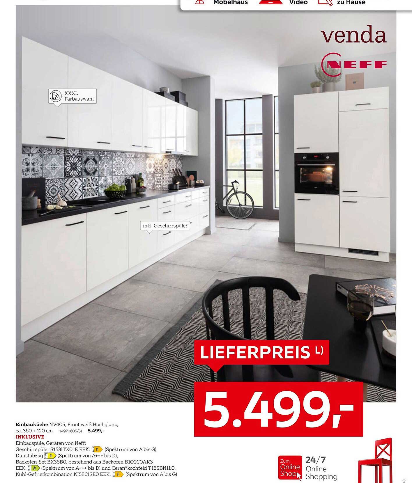Einbauküche NVA405, Front weiß Hochglanz, ca. 360 × 120 cm
