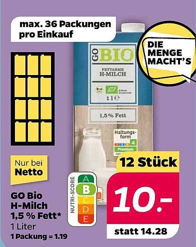 GO Bio H-Milch 1,5 % Fett – 12 Stück für 10 € statt 14,28 €