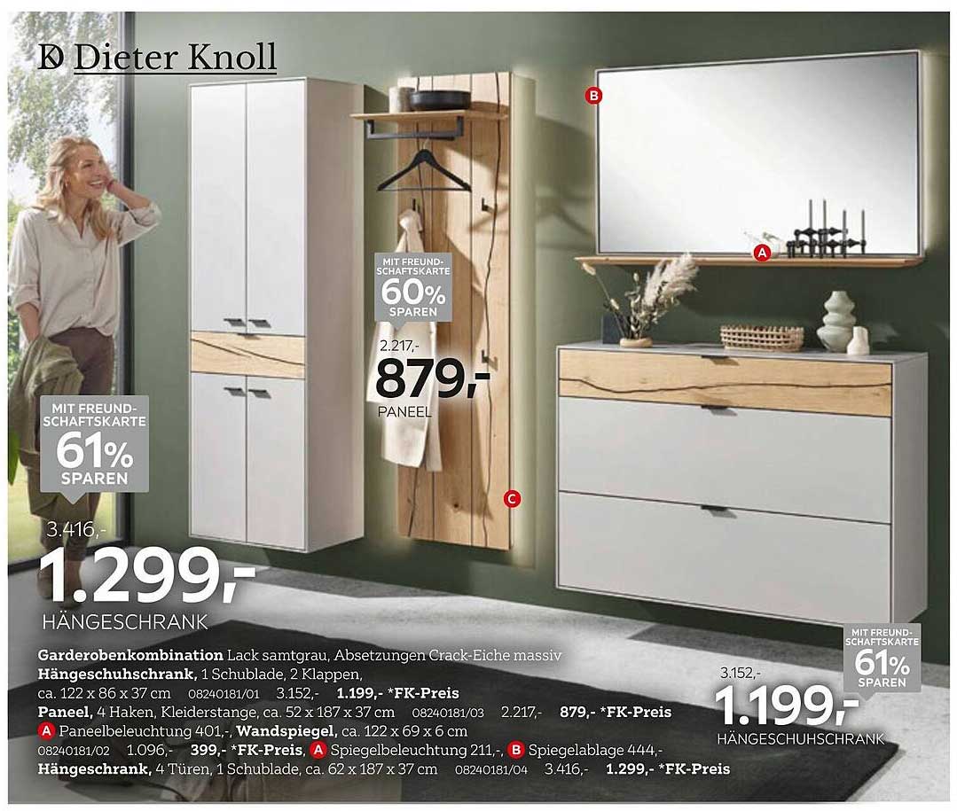 Hängeschrank Garderoben Kombination in Lack samt grau und Crack-Eiche massiv