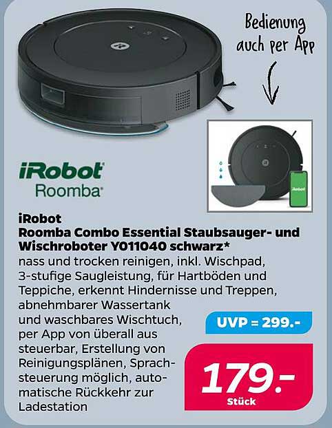 iRobot Roomba Combo Essential Staubsauger- und Wischroboter Y011040 schwarz