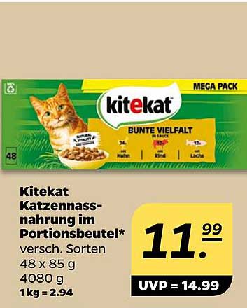 Kitekat Katzennassnahrung im Portionsbeutel* verschiedene Sorten 48 x 85 g