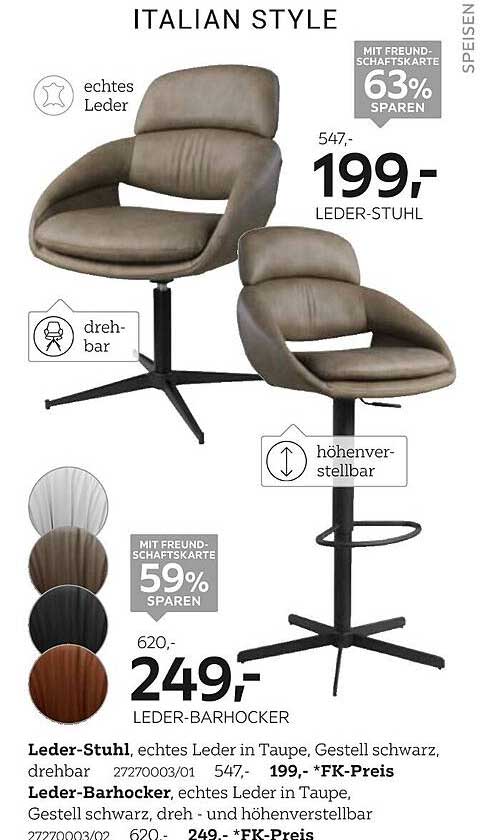 LED-Stuhl - echtes Leder in Taupe, drehbar, höhenverstellbar