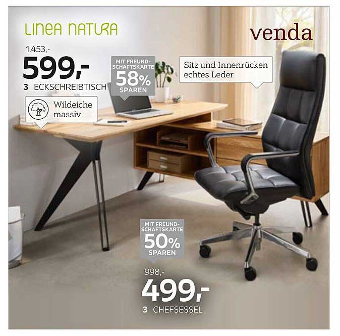LINEA NATURA Eckschreibtisch und venda Chefsessel