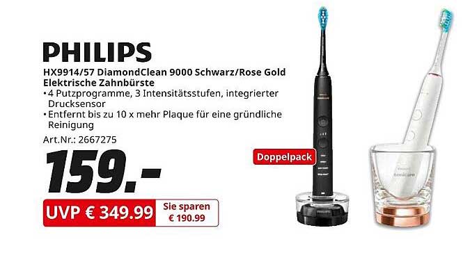 PHILIPS HX9914/57 DiamondClean 9000 Schwarz/Rose Gold Elektrische Zahnbürste - Doppelpack