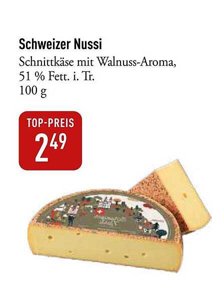 Schweizer Nussi - Schnittkäse mit Walnuss-Aroma, 51 % Fett i. Tr., 100 g