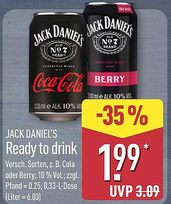 JACK DANIEL'S Ready to drink Versch. Sorten, z. B. Cola oder Berry: 10 % Vol.