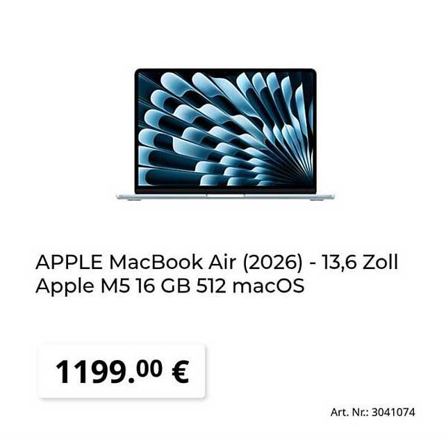 APPLE MacBook Air (2026) - 13,6 Zoll Apple M5 16 GB 512 macOS