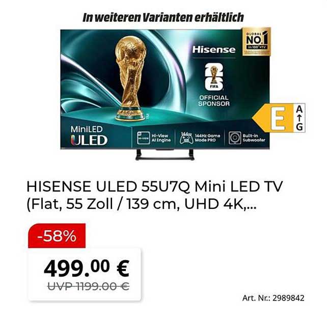 HISENSE ULED 55U7Q Mini LED TV (Flat, 55 Zoll / 139 cm, UHD 4K,...