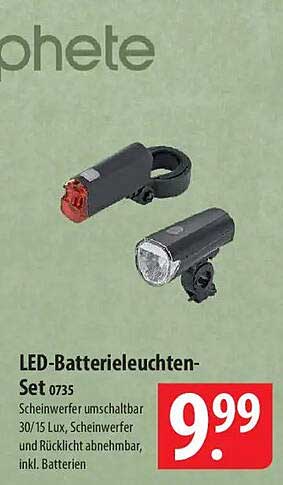 LED-Batterieleuchten-Set 0735 Scheinwerfer umschaltbar 30/15 Lux, Scheinwerfer und Rücklicht abnehmbar, inkl. Batterien