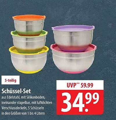 Schüssel-Set aus Edelstahl, mit Silikonboden, ineinander stapelbar, mit luftdichten Verschlussdeckeln, 5 Schüsseln in den Größen von 1 bis 4 Litern