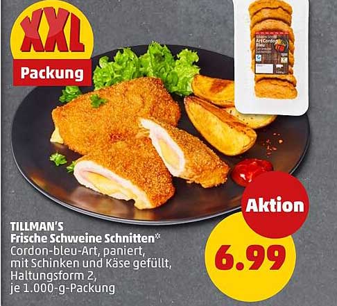 TILLMAN'S Frische Schweine Schnitten* Cordon-bleu-Art, paniert, mit Schinken und Käse gefüllt, Haltungsform 2, je 1.000-g-Packung