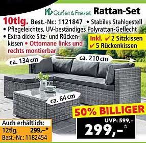 10tlg. Rattan-Set mit stabilen Stahlgestell und komfortablen Kissen