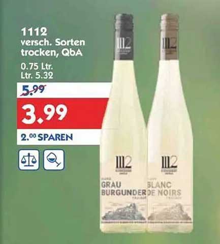 1112 versch. Sorten trocken, QbA 0,75 Ltr. (Grauburgunder, Blanc de Noirs)