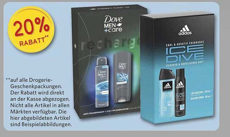 20 % Rabatt auf alle Drogerie-Geschenkpackungen von Dove MEN + care und adidas Ice Dive