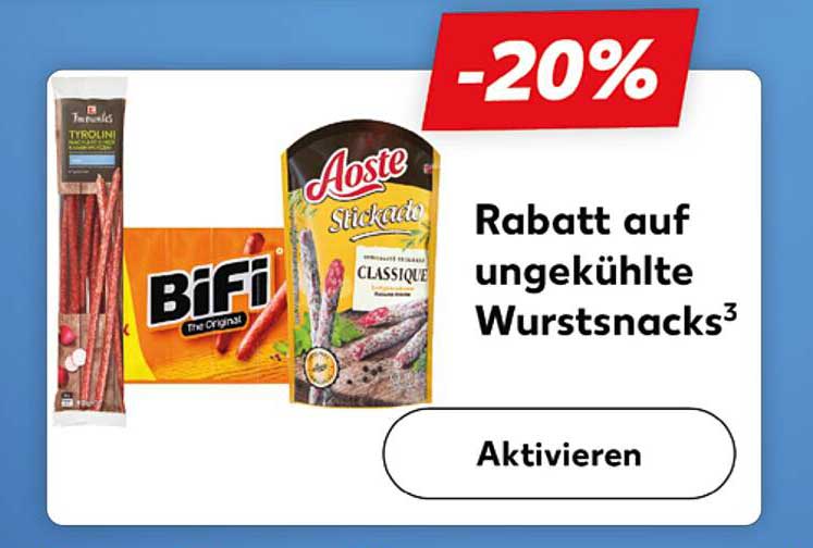 20% Rabatt auf ungekühlte Wurstsnacks von Bifi, Aoste und Tiroler