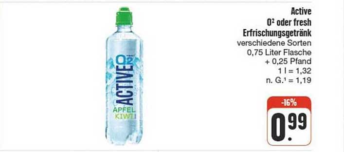 Active O² oder fresh Erfrischungsgetränk – Apfel Kiwi 0,75 Liter Flasche