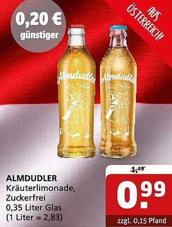 ALMDUDLER Kräuterlimonade, Zuckerfrei 0,35 Liter Glas