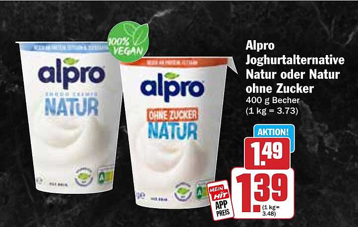 Alpro Joghurtalternative Natur oder Natur ohne Zucker 400 g Becher