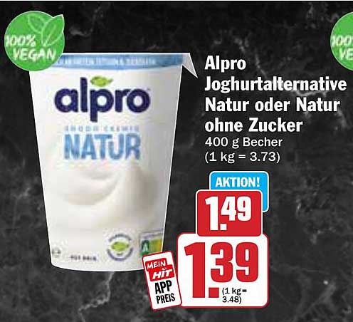 Alpro Joghurtalternative Natur oder Natur ohne Zucker 400 g Becher