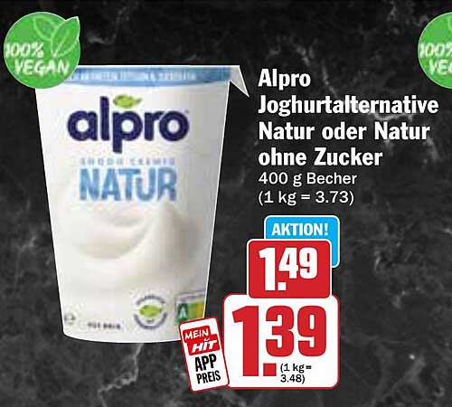 Alpro Joghurtalternative Natur oder Natur ohne Zucker 400 g Becher