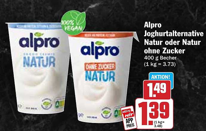 Alpro Joghurteralternative Natur oder Natur ohne Zucker 400 g Becher