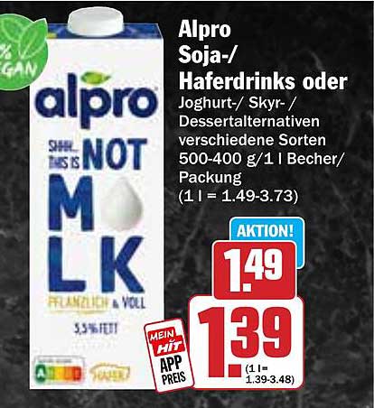 Alpro Soja-/Haferdrinks oder Joghurt-/Skyr-/Dessertalternativen