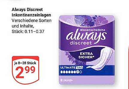 Always Discreet Inkontinenzeinlagen Verschiedene Sorten und Inhalte