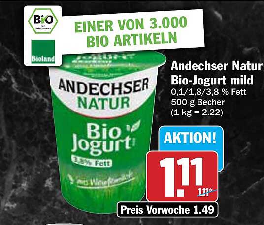 Andechser Natur Bio-Joghurt mild 500 g Becher