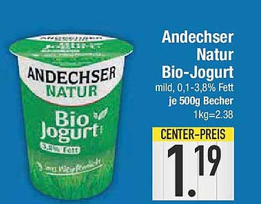 Andechser Natur Bio-Jogurt, mild, 0,1-3,8% Fett je 500g Becher