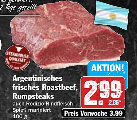 Argentinisches frisches Roastbeef, Rumpsteaks, auch Rodizio Rindfleisch-Spieß mariniert 100 g