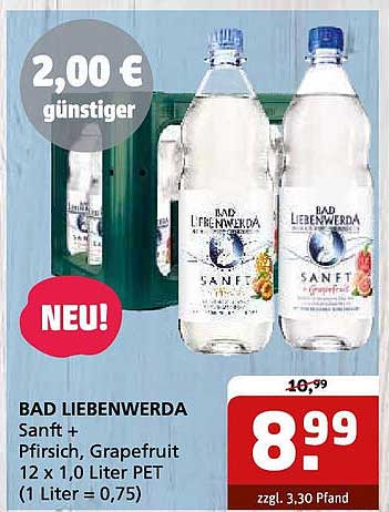 BAD LIEBENWERDA Sanft + Pfirsich, Grapefruit 12 x 1,0 Liter PET