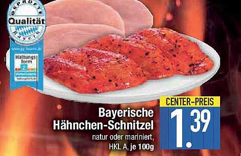 Bayerische Hähnchen-Schnitzel natur oder mariniert, HKL A, je 100g