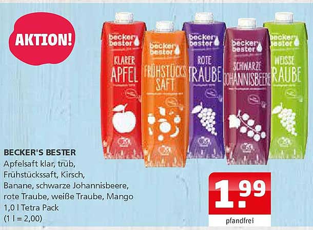 BECKER'S BESTER Apfelsaft klar, trüb, Frühstückssaft, Kirsch, Banane, schwarze Johannisbeere, rote Traube, weiße Traube, Mango - 1,0 l Tetra Pack